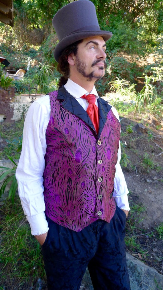 Violet Purple Peacock Feather Silk Brocade Steampunk Victorian Lapeled  Gentlemen's Vest 