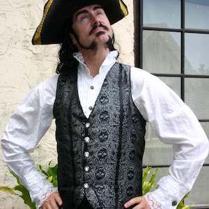 Black and Silver Jolly Roger Skull Silk Brocade PIrate Vest