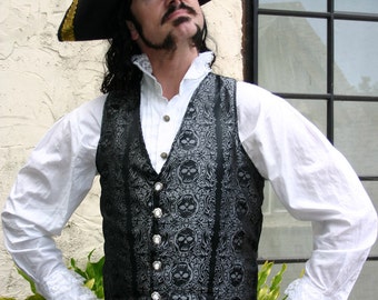 Black and Silver Jolly Roger Skull Silk Brocade PIrate Vest and Shirt