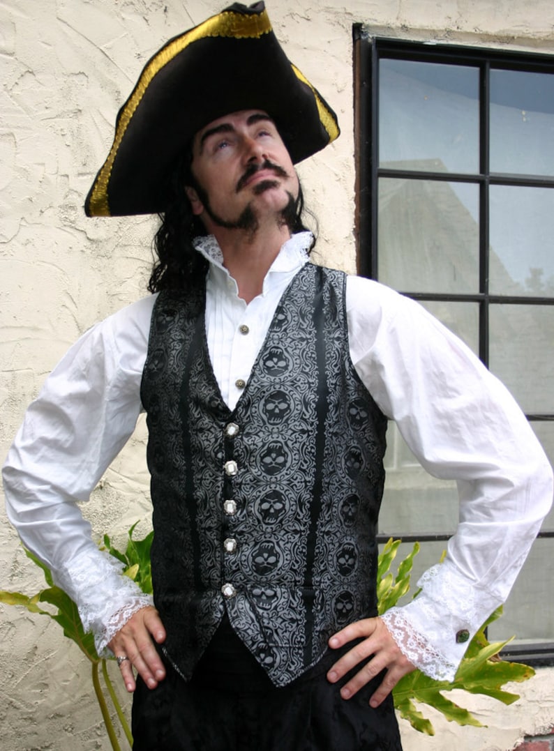 Black and Silver Jolly Roger Skull Silk Brocade PIrate Vest image 1