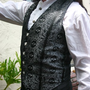 Black and Silver Jolly Roger Skull Silk Brocade PIrate Vest image 3