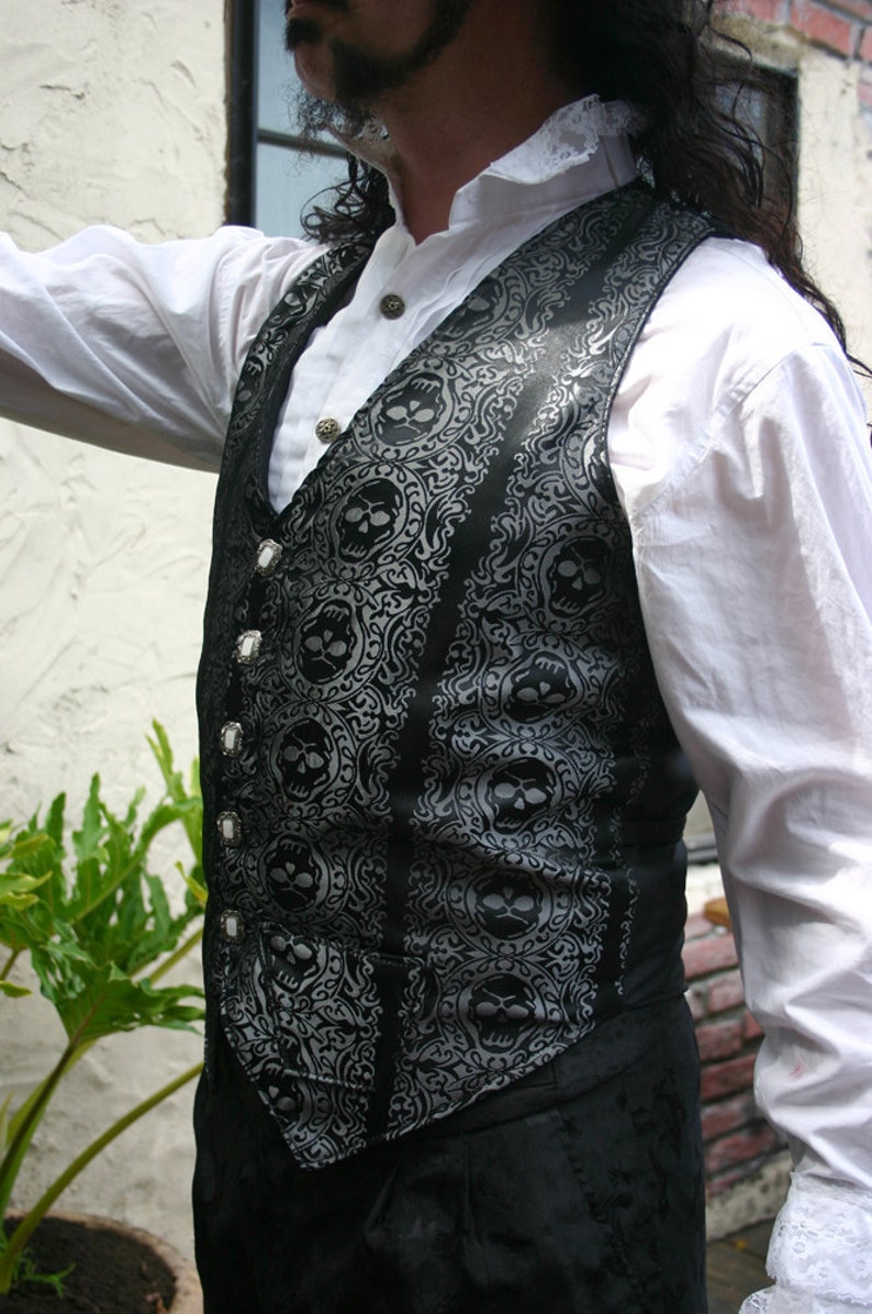 Black and Silver Jolly Roger Skull Silk Brocade PIrate Vest image 3