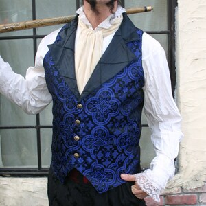 Black and Royal Blue Medieval Pattern Silk Brocade Steampunk Victorian Lapeled Gentlemen's Vest and Shirt image 2