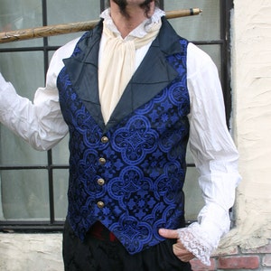 Black and Royal Blue Medieval Pattern Silk Brocade Steampunk Victorian Lapeled Gentlemen's Vest image 2