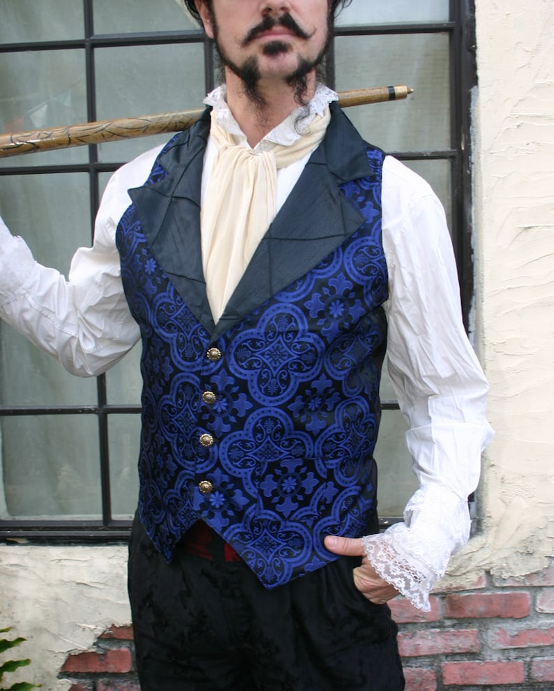 Black and Royal Blue Medieval Pattern Silk Brocade Steampunk Victorian Lapeled Gentlemen's Vest and Shirt image 2