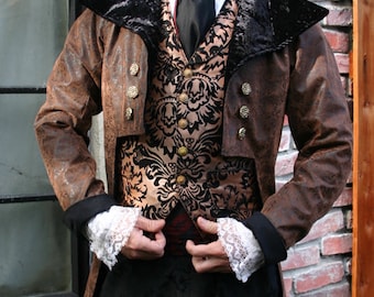 Brown and Black Tooled Faux Leather Steampunk Frock Cutaway Coat, Vest, Shirt, Trousers and Cravat Ensemble