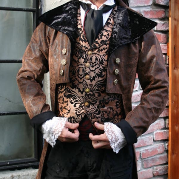 Brown and Black Tooled Faux Leather Steampunk Frock Cutaway Coat, Vest,  Shirt and Cravat