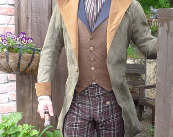 Hunter Green and Brown Steampunk Frock Cutaway Swallowtail Wedding Jacket , Vest, Shirt, Trousers and Cravat Ensemble