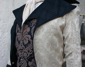 Gold Tapestry Cloth and Black Quilted Silk Steampunk Frock Cutaway Wedding Coat And Waistcoat