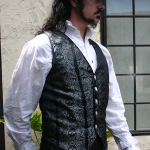 Black and Silver Jolly Roger Skull Silk Brocade PIrate Vest image 2