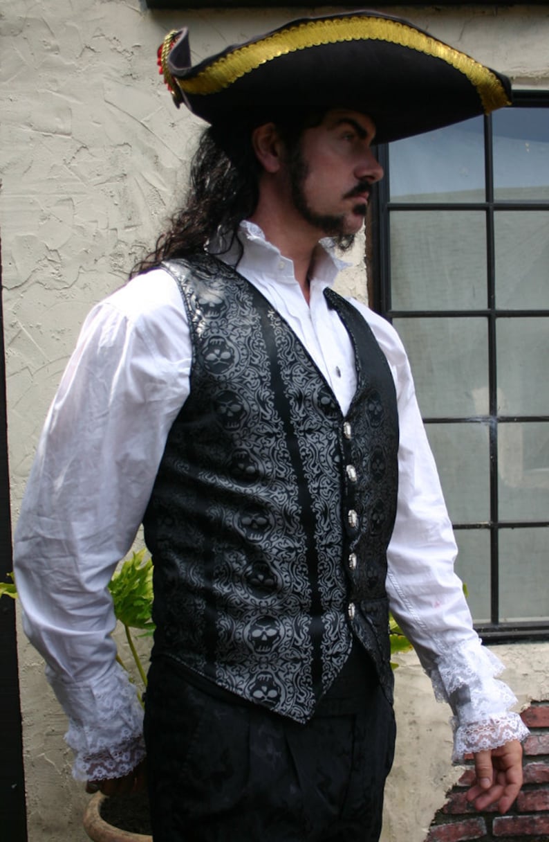 Black and Silver Jolly Roger Skull Silk Brocade PIrate Vest image 2