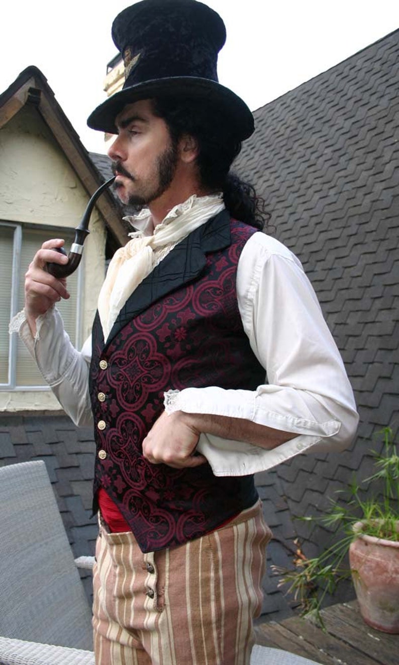 Schwarz und Kastanienbraun Mittelalter Muster Seidenbrokat Steampunk Viktorianische Revers Herrenweste Bild 4