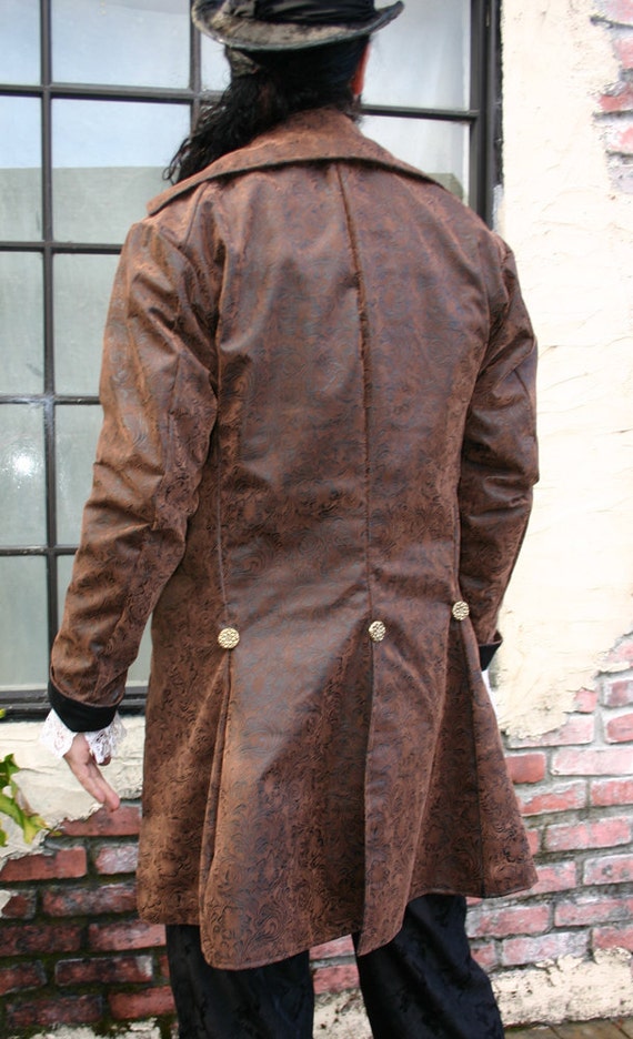Brown and Black Tooled Faux Leather Steampunk Frock Cutaway Coat