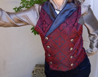 Black and Maroon Medieval Pattern Silk Brocade Steampunk Victorian Double Breasted Lapeled Gentlemen's Vest