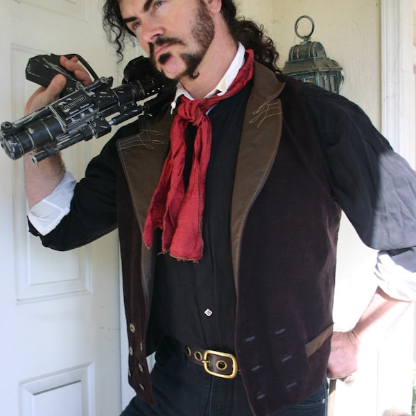 Brown Faux Suede and Pleather "Booker DeWitt" Steampunk Victorian Lapeled Double Breasted Gentlemen's Vest