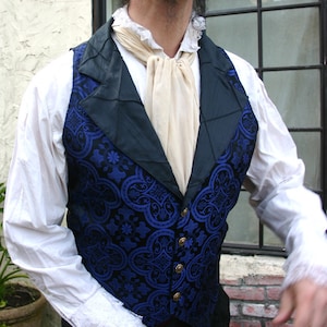 Black and Royal Blue Medieval Pattern Silk Brocade Steampunk Victorian Lapeled Gentlemen's Vest and Shirt image 3