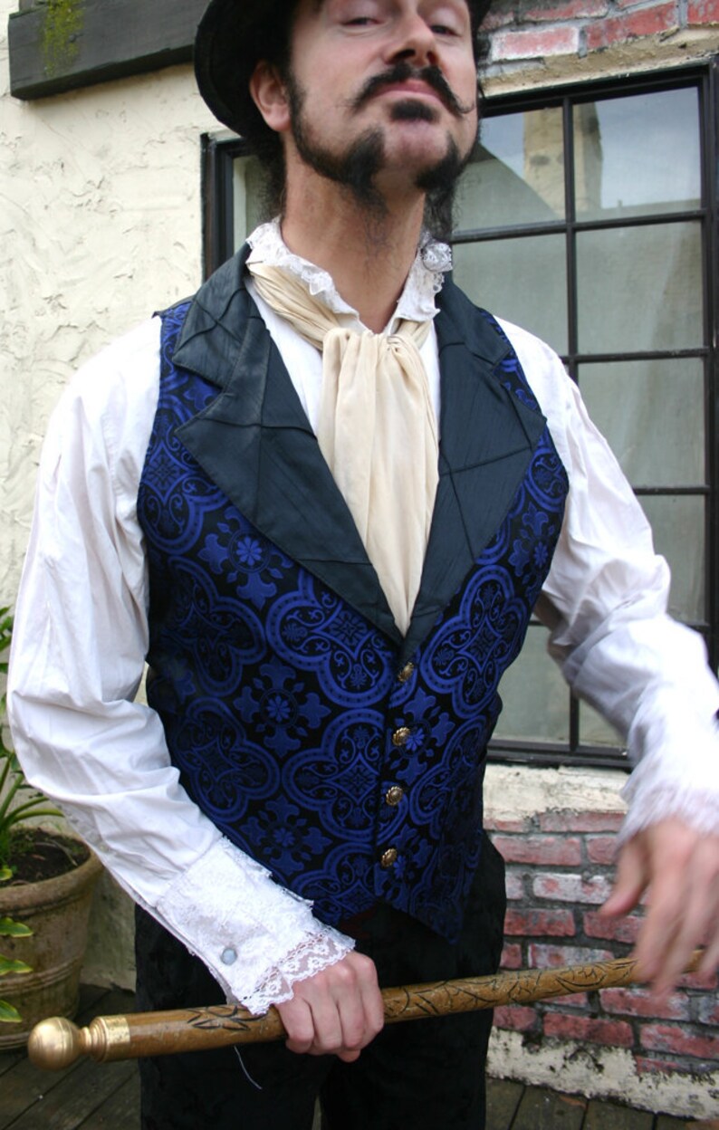 Black and Royal Blue Medieval Pattern Silk Brocade Steampunk Victorian Lapeled Gentlemen's Vest and Shirt image 3