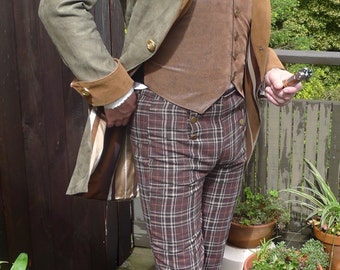 Brown Wool Plaid Button Flap Front  Steampunk Pants