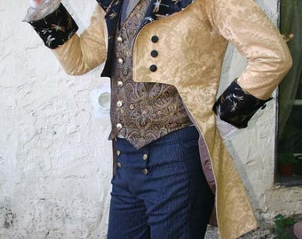 Gold Tapestry and Silk Brocade French Steampunk Wedding Frock Cutaway Coat, Waistcoat, Trousers, Frilly Shirt and Cravat