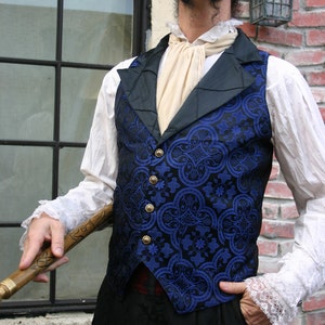 Black and Royal Blue Medieval Pattern Silk Brocade Steampunk Victorian Lapeled Gentlemen's Vest and Shirt image 4