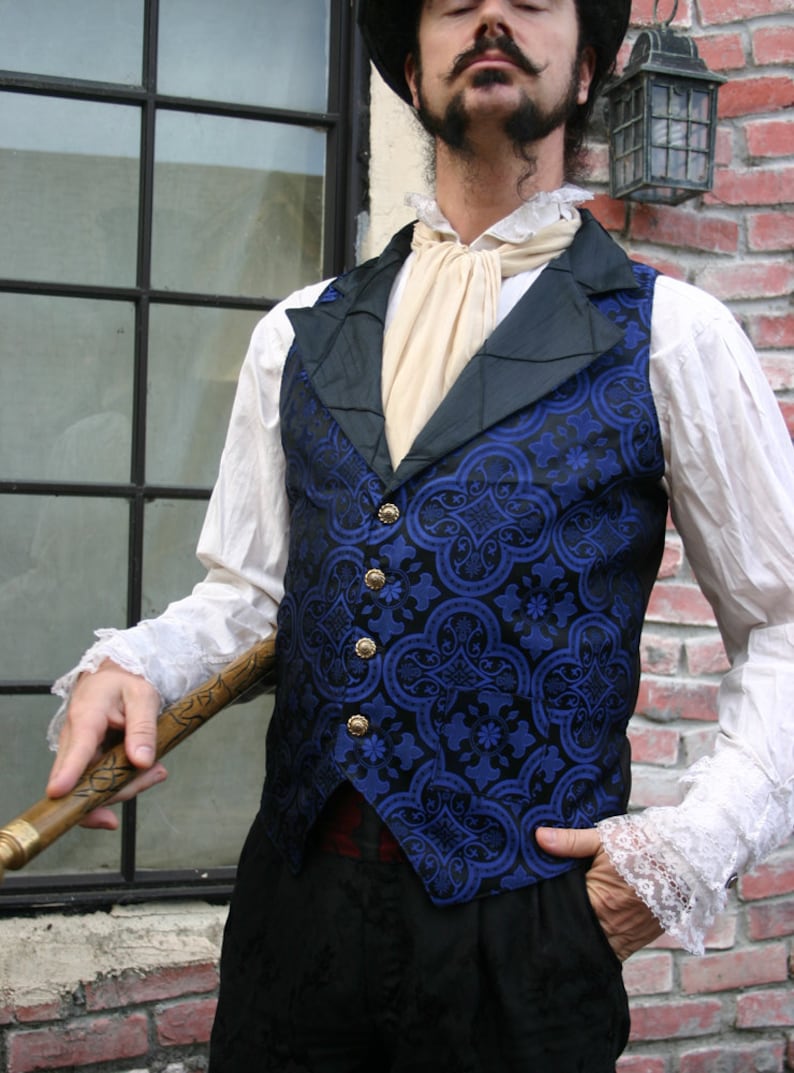 Black and Royal Blue Medieval Pattern Silk Brocade Steampunk Victorian Lapeled Gentlemen's Vest and Shirt image 4