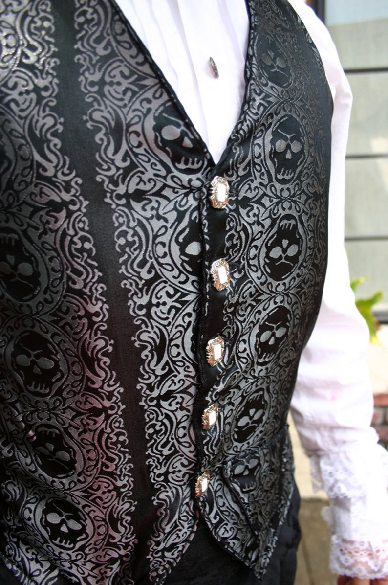 Black and Silver Jolly Roger Skull Silk Brocade PIrate Vest image 4