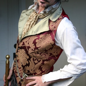 Red and Bronze Floral Tapestry and Silk Steampunk Victorian Lapeled Gentlemen's Vest