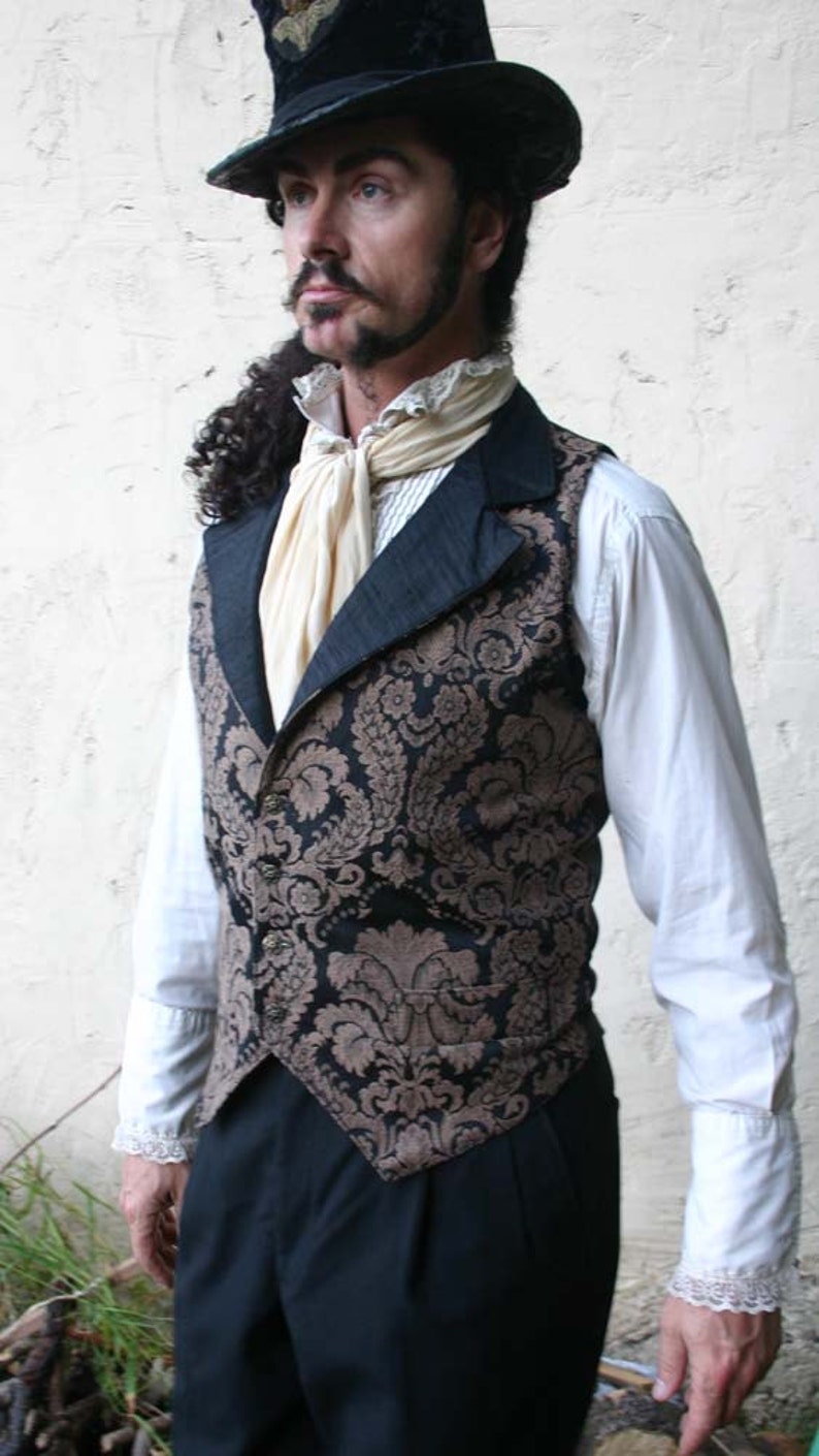 Brown and Black Floral Tapestry and Silk Steampunk Victorian Lapeled Gentlemen's Vest image 2