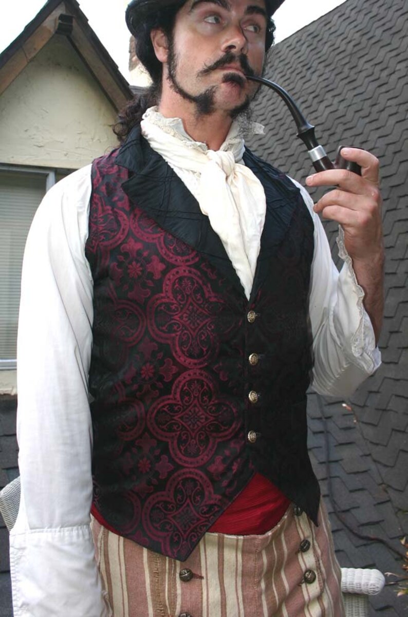 Schwarz und Kastanienbraun Mittelalter Muster Seidenbrokat Steampunk Viktorianische Revers Herrenweste Bild 3