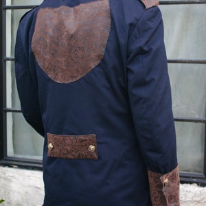 Upcylced Navy Blue and Brown Tooled Pleather Applique Smoking Jacket image 2