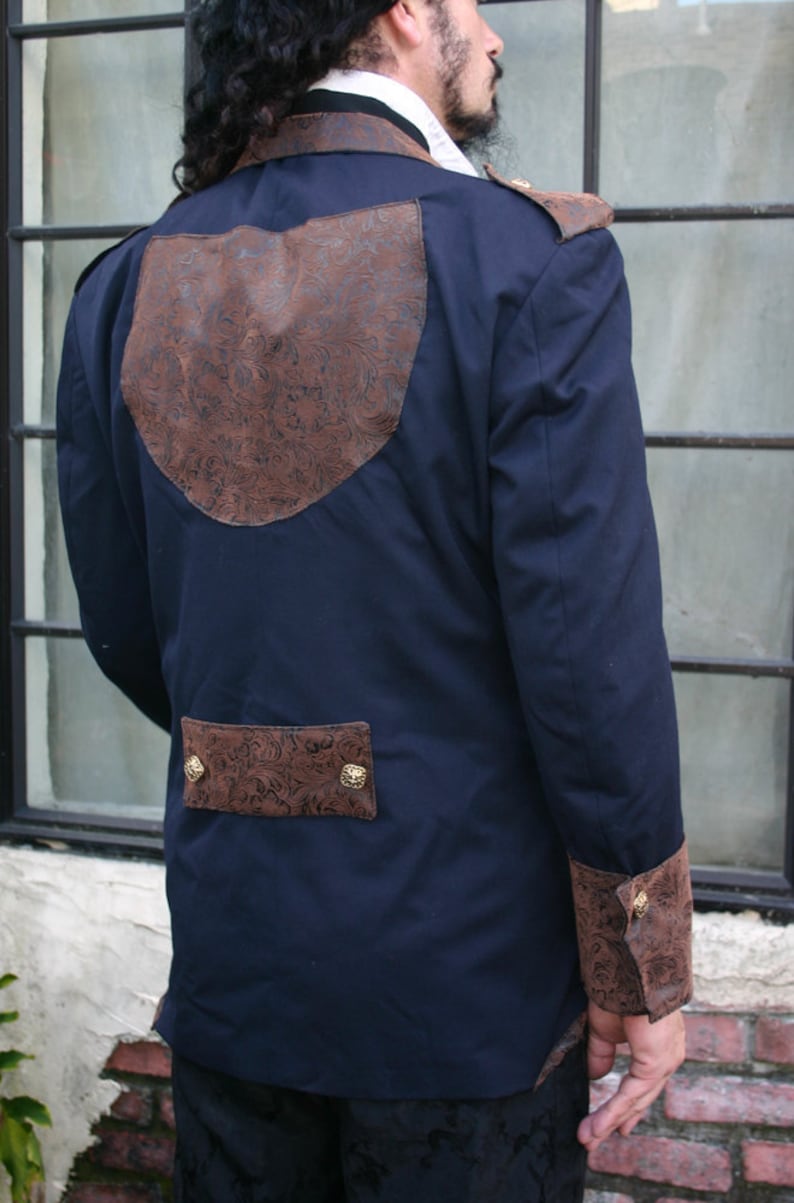 Upcylced Navy Blue and Brown Tooled Pleather Applique Smoking Jacket image 2