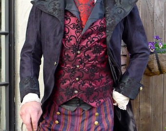 Black Tapestry and Suede  Steampunk Frock Cutaway Swallowtail Wedding Jacket,Waistcoat, Trousers  and Cravat