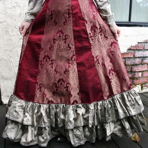 Burgundy and Bronze Tapestry Silk Victorian Bustle Skirt