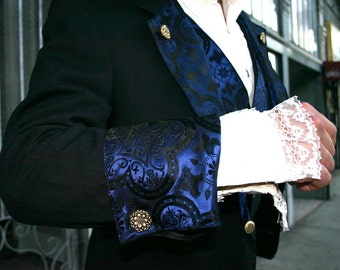 Up-cycled Navy Blue Pinstripe Smoking Jacket Appliqued with Black and Royal Blue Medieval Pattern Silk Brocade