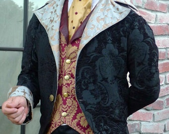 Black Tapestry Cloth and Sage Steampunk Frock Cutaway Swallowtail Wedding Jacket, Trousers, Shirt, Cravat and Spats Ensemble