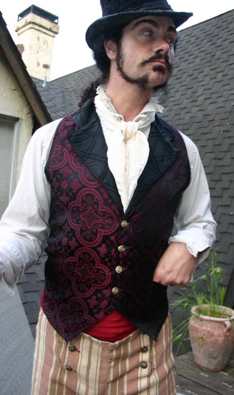 Schwarz und Kastanienbraun Mittelalter Muster Seidenbrokat Steampunk Viktorianische Revers Herrenweste Bild 2