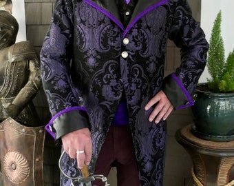 Purple and Black Medieval Tapestry Swallowtail Steampunk Frock coat