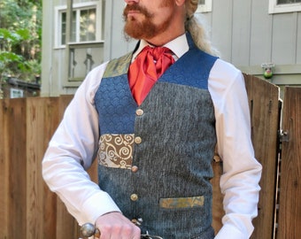 Blue and Brown Tapestry Patchwork Old West Steampunk Collar Appliqué Waistcoat Vest