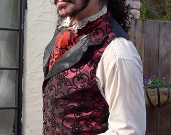 Red and Black Aster Pattern Silk Brocade Cravat/ Ascot