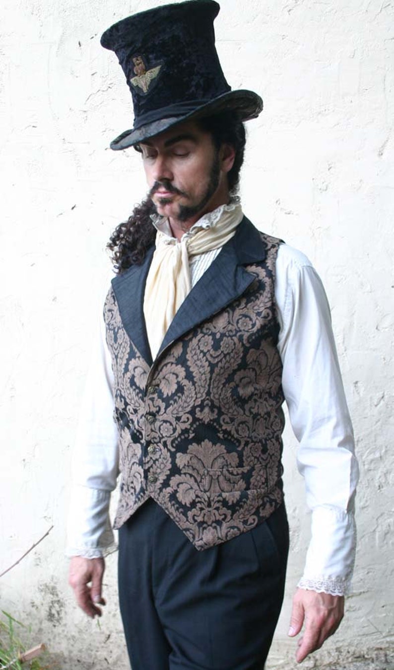 Brown and Black Floral Tapestry and Silk Steampunk Victorian Lapeled Gentlemen's Vest image 3