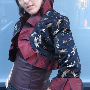 Black Dragonfly and Bronze Quilted Silk with Burgundy Fluted Ruffle Reversible Bolero Two Jackets in One