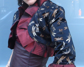 Black Dragonfly and Bronze Quilted Silk with Burgundy Fluted Ruffle Reversible Bolero Two Jackets in One