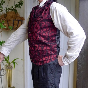 Black and Burgundy Pattern Brocade Steampunk Victorian Lapeled Gentlemen's Vest and Black Cumberbund