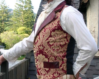 Burgundy and Gold Tapestry and Pleater Steampunk Victorian Lapeled Gentlemen's Vest