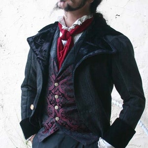 Black Tapestry Cloth Steampunk Frock Cutaway Swallow Tail Jacket, Waistcoat, Shirt and Cravat