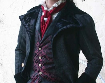 Black Tapestry Cloth Steampunk Frock Cutaway Swallow Tail Jacket, Waistcoat, Shirt and Cravat