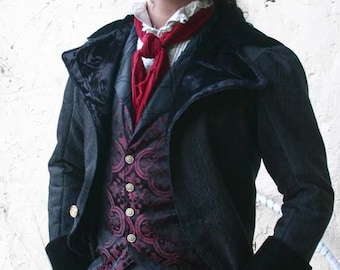 Black Tapestry Cloth Steampunk Frock Cutaway Swallowtail Wedding Jacket