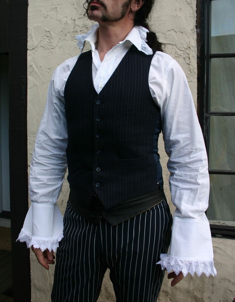 Repurposed Men's White Button-Down Shirt with Lace Frills