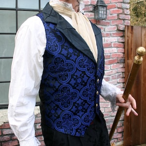 Black and Royal Blue Medieval Pattern Silk Brocade Steampunk Victorian Lapeled Gentlemen's Vest and Shirt