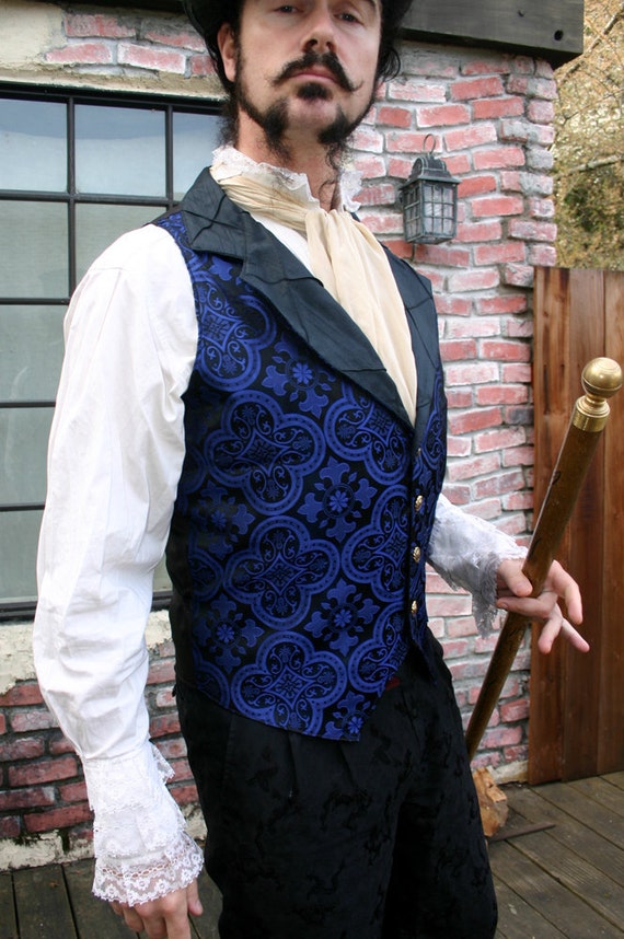 Black and Royal Blue Medieval Pattern Silk Brocade Steampunk Victorian  Lapeled Gentlemen's Vest -  Canada